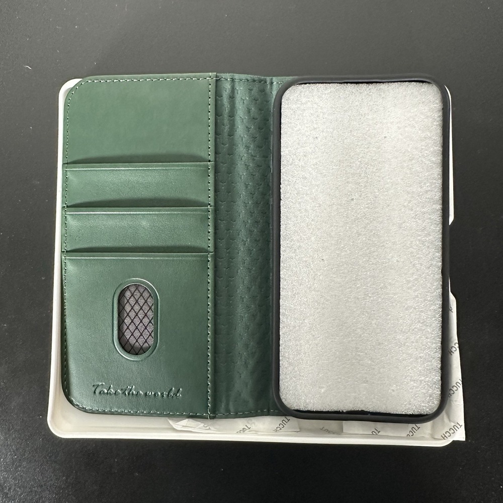TUCCH iPhone 15 Wallet Case Flip Cover Blocking Leather Card Slots Green